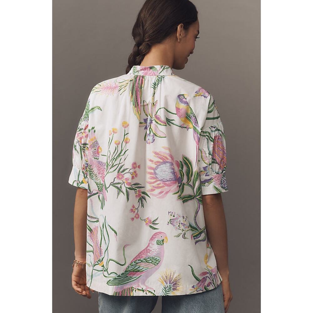 Anthropologie Banjanan Ivy Afterglow Short Sleeve Blouse Parrot Print Small NWT - Picture 3 of 6